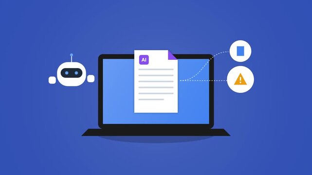 Artificial Intelligence Document Processing Animation, Laptop Displaying AI File with Bot Icon on Blue Background