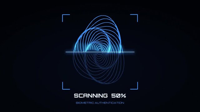 Fingerprint scanning animation, blue biometric scan line revealing a fingerprint from 1 to 100 percent with identity verified and access granted, security authentication