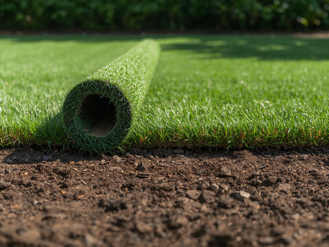 Close-up of a freshly unrolled section of vibrant green sod, revealing the dense grass blades and the dark, rich soil beneath, with a blurred