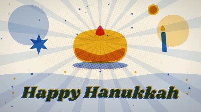 Stylized retro risograph animation of a golden sufganiyah jelly doughnut frying with swirling powdered sugar celebrating traditional sweet holiday festivities