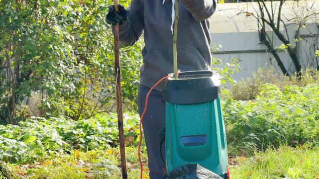 A person feeds a branch into an electric garden shredder in a grassy garden. The electric chipper makes a loud grinding sound.