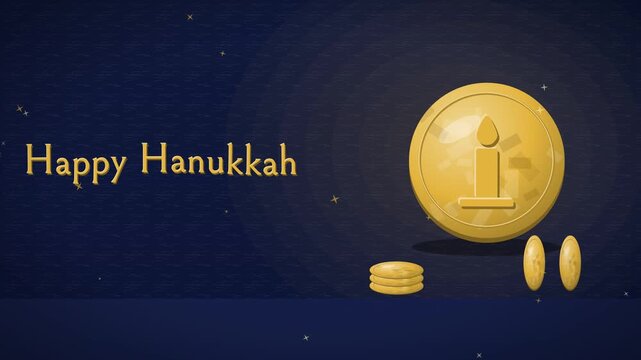 Lustrous embossed gold Hanukkah gelt coins stamping with ornate candle flame relief and stacking neatly for festive holiday gaming and family celebration