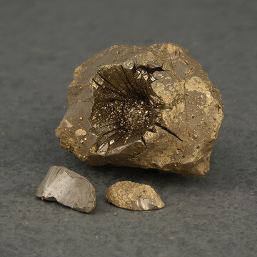 Rough, earthy brown rock with a cavity filled with shiny, crystalline pyrite inclusions, alongside two smaller grey and brown rocks on a dark grey