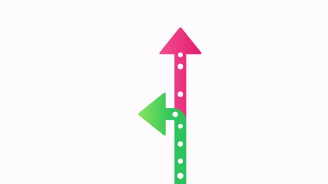 Animated green and pink arrows splitting into two directions representing choice and decision making.