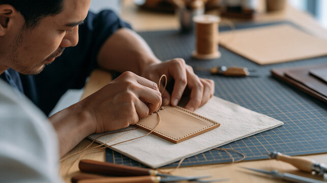 Handmade leather cardholder, stitching a leather wallet with waxed thread and leatherworking tools, leathercraft, artisan accessories, handmade wallet, DIY fashion, traditional