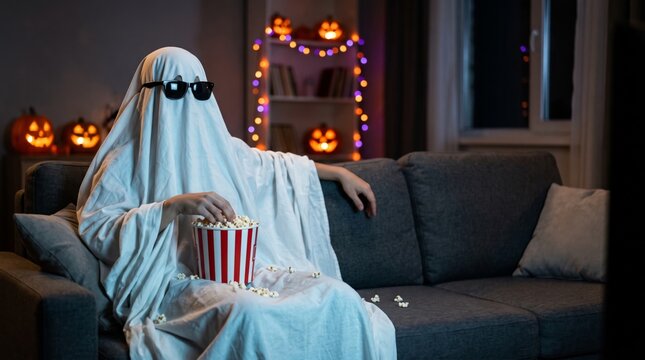 Funny ghost wearing sunglasses and eating popcorn on a sofa surrounded by glowing Halloween decorations