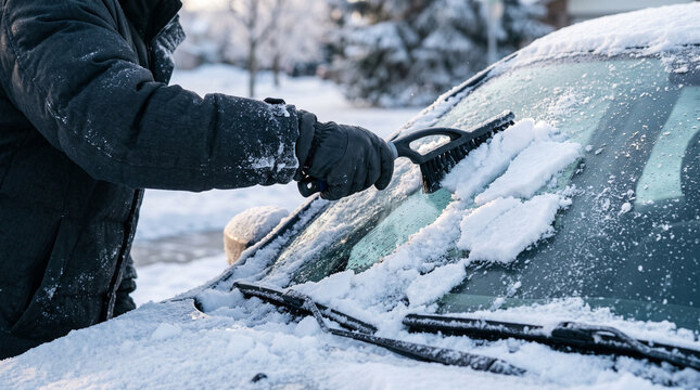 Person brushing snow off car during winter in a snowy environment  
