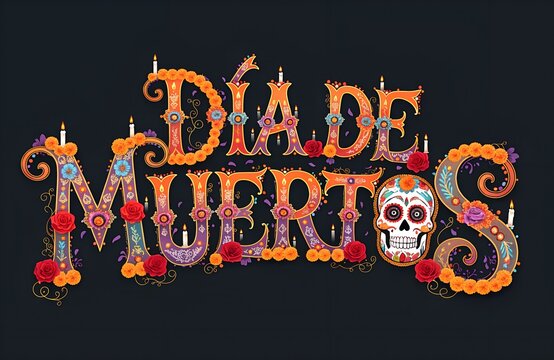 Texto de D&iacute;a de Muertos en estilo vector ilustrado con decoraciones en letras coloridas