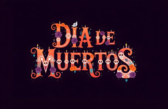 Texto de D&iacute;a de Muertos en estilo vector ilustrado con decoraciones en letras coloridas