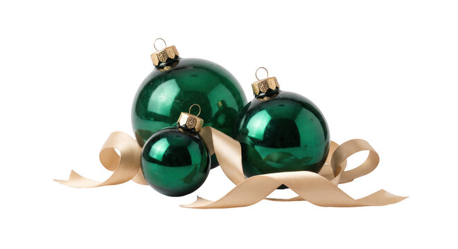 Green Christmas baubles with elegant champagne satin ribbon
