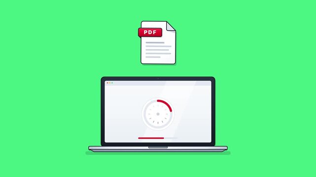 Digital Download Icon With Laptop And PDF Document On White Or Green Background.