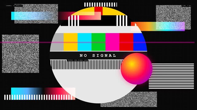 A dynamic  animation complex TV signal error, noise blocks, glitching rainbow gradients, chromatic aberration, and test card distortion.