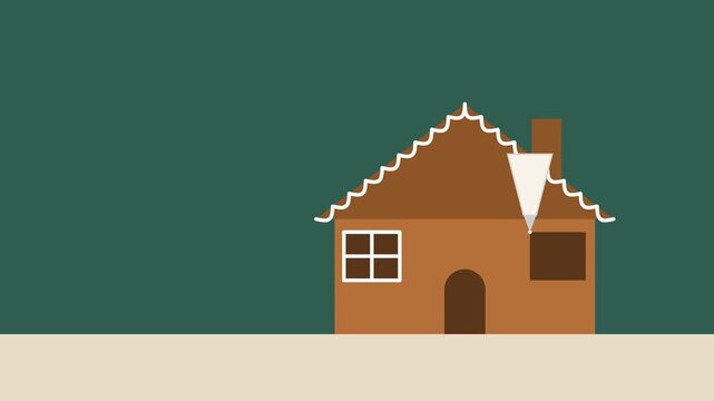 Sweet gingerbread house animation decorating with piped sugar icing snow and candy gumdrops on a cozy family kitchen table on Christmas Day