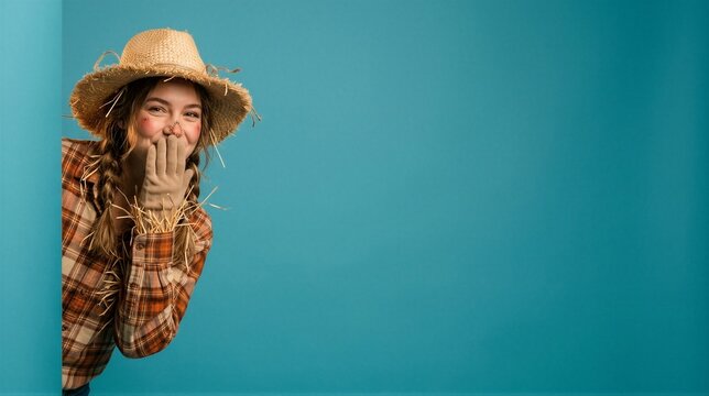 Young woman in scarecrow Halloween costume peeking with gloved hand over mouth on teal background. Woman in straw hat with copy space. Autumn holiday and costume party concept.