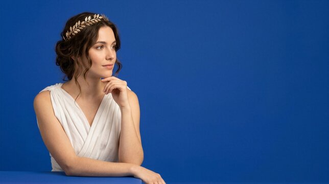 Woman in Greek goddess Halloween costume with golden laurel wreath and white toga dress. Studio portrait against blue background with copy space. Ancient Rome and mythology costume.