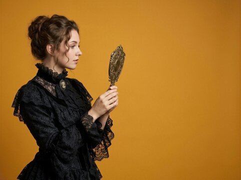 Woman in black Victorian lace dress holding antique hand mirror on orange background. Gothic historical costume profile view. Halloween costume and vintage fashion concept.