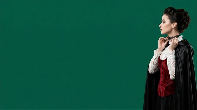 Victorian woman in vampire costume with black cape and red corset on green background. Side profile of gothic countess adjusting lace choker. Halloween vampire costume concept. Copy space.