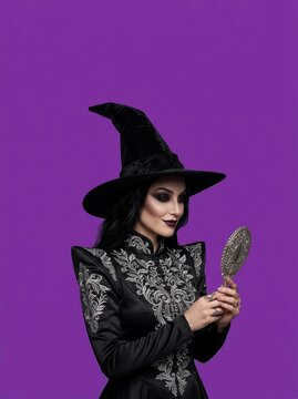 Woman in black witch costume and pointed hat holding ornate hand mirror on purple background. Halloween witch with dark makeup. Magic and mysticism concept. Holiday costume party.