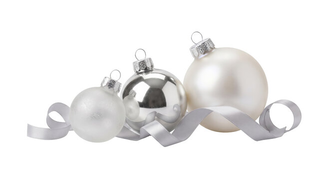 Silver and white Christmas baubles with elegant satin ribbon