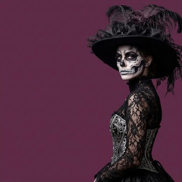 Woman in black lace dress and feathered hat with skeleton face paint on purple background. Halloween makeup portrait with copy space. Sugar skull costume for holiday party.