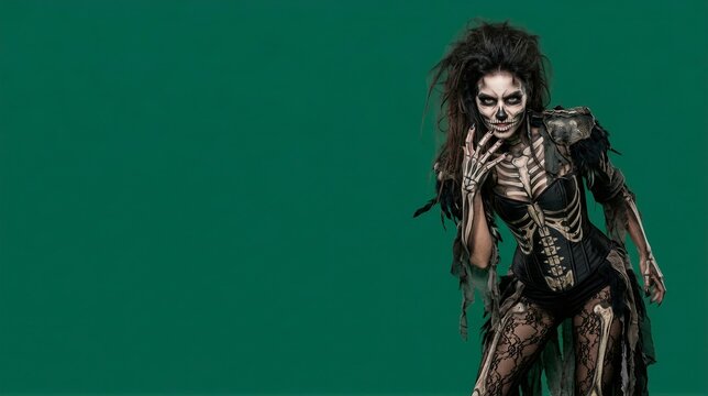 Woman with skeleton face paint and Halloween costume posing on green background. Body art on face and hand with ribcage corset. Halloween holiday and party make-up concept.