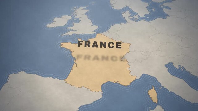Vintage map of France highlighting the country as a travel destination in Western Europe.