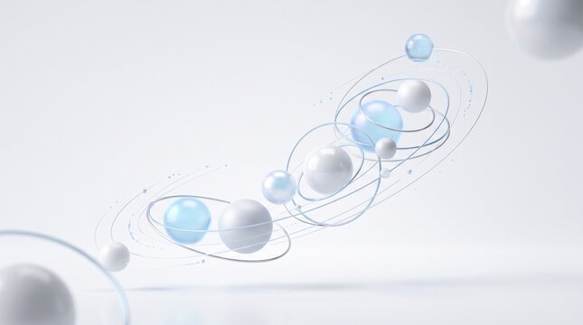 Abstract science concept with floating spheres orbiting rings and