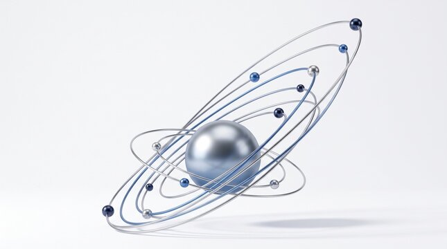 Science model featuring a metallic sphere orbital rings and small