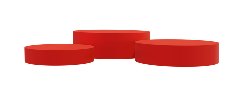3D render featuring three red round cylinder platforms arranged in a row on transparent background. For showcasing multiple products, cosmetics, accessories, or promotional banner layouts.