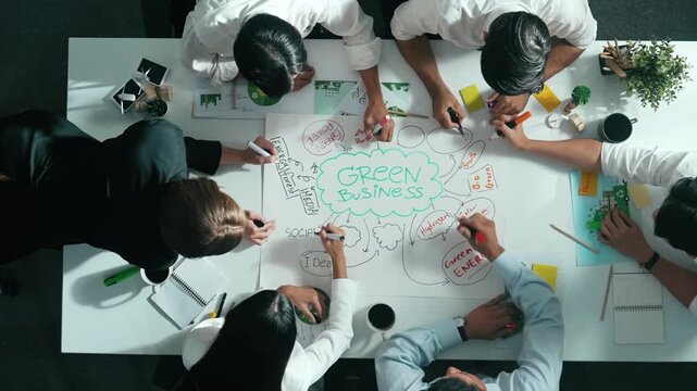 Top view of professional business team working together to brainstorm environmental idea by using mind map. Aerial view of smart manager talking and discussing about sustainable energy. Alimentation.