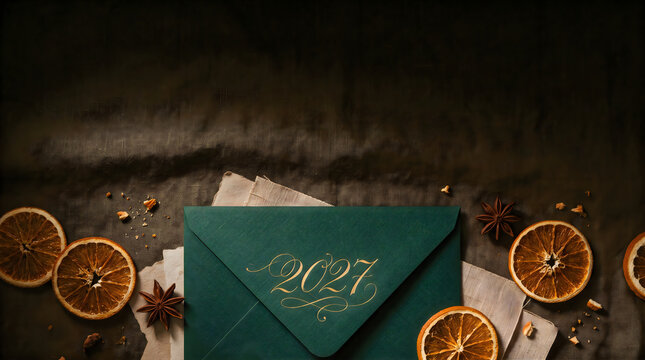 New Year 2027 Elegant Stationery Flat Lay With Handcrafted Cards And Calligraphy On Wooden Background
