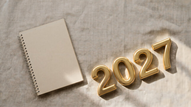 New Year 2027 Elegant Stationery Flat Lay With Handcrafted Cards And Calligraphy On Wooden Background