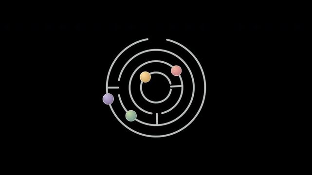Four pastel balls glide around concentric open tracks in a seamless eight second transparent loop.
