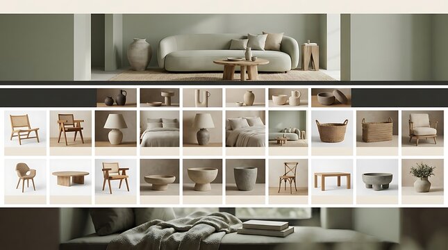 Interior Design Furniture Catalog Featuring Modern Minimalist Sofas Chairs and Decorative Ceramic Vases in Neutral Earthy Tones