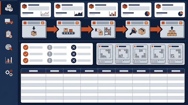 Logistics Dashboard Interface with Supply Chain Workflow Tracking and Inventory Management Metrics in Flat Vector Illustration Style