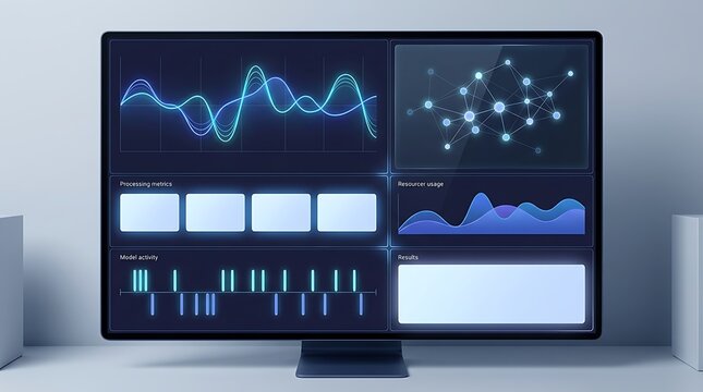 Data Analytics Dashboard Displaying Real-Time Metrics and Network Graphs on a Modern Computer Monitor Screen