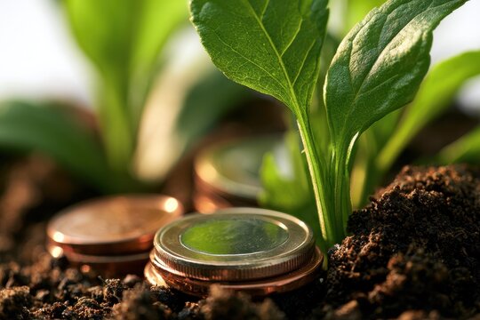 Close-up money coins nestled with foliage on a clean white surface representing growth of wealth