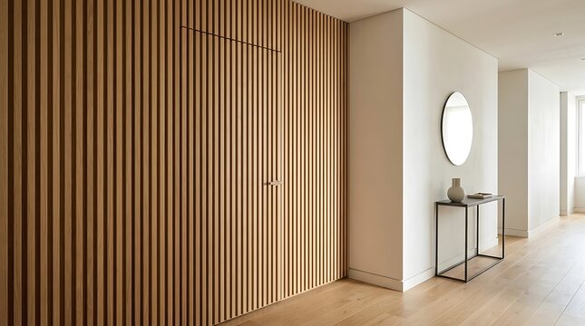Modern apartment entryway interior design featuring wood slat wall paneling and a hidden door