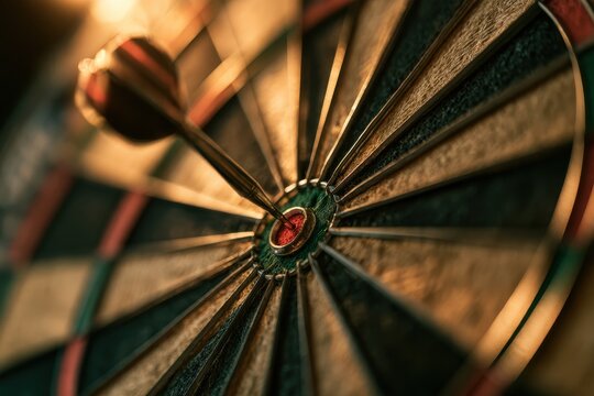 Close-up of a steel-tip dart embedded in the bullseye of a wooden dartboard