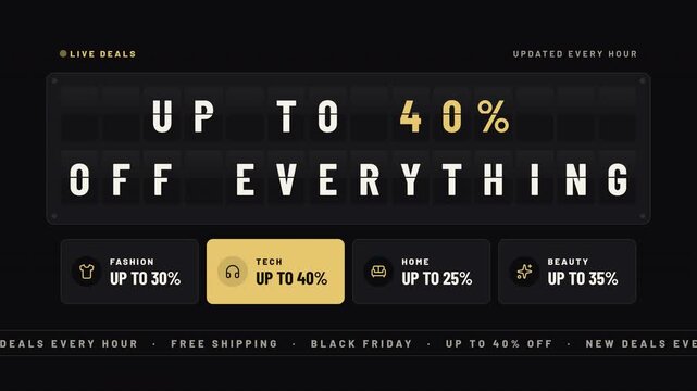 Black Friday deals on a split flap board with flipping letters and up to 40% off discount black and gold seamless loop