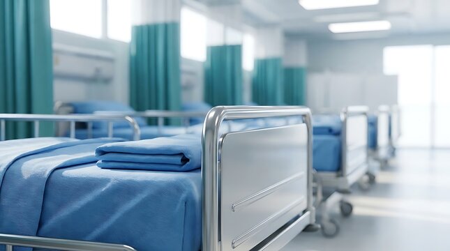 Modern hospital ward interior with rows of empty patient beds and blue curtains