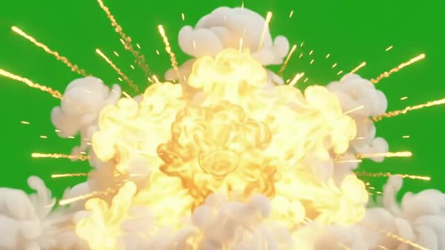 Fiery Explosion with Smoke and Sparks on Green Screen Background for Visual Effects