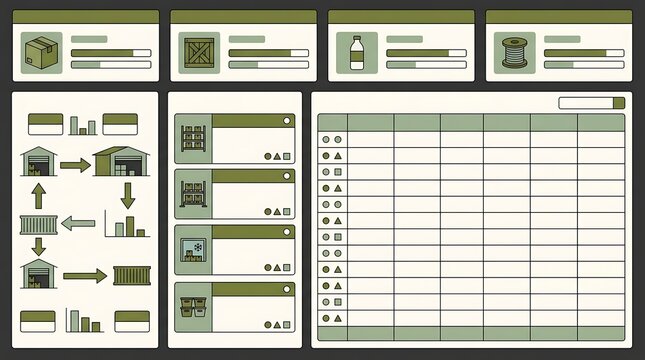 Logistics Dashboard Interface Vector Illustration with Inventory Tracking Charts and Supply Chain Management Workflow Diagrams