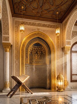 Beautiful and ornate interior view of a mosque featuring a golden mihrab, intricate Arabic calligraphy, traditional hanging lanterns, and an open Quran on a stand bathed in warm sunlight.