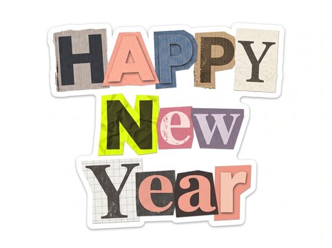 Creative Happy New Year text typography created from colorful newspaper and magazine paper cutout letters in a modern ransom note collage sticker style isolated on a plain white background.