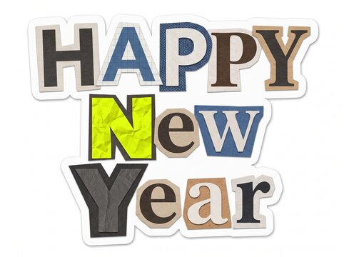 Creative Happy New Year text composed of mixed paper cutout letters from magazines in a ransom note collage sticker design isolated on a clean white background.