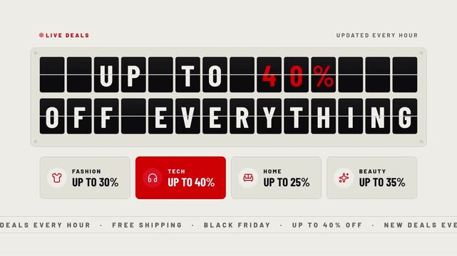 Black Friday deals on a split flap board with flipping letters and up to 40% off discount off-white and red seamless loop
