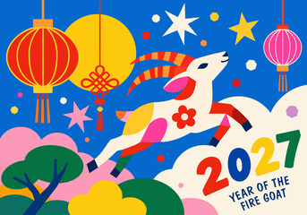 Chinese New Year 2027 Illustration with Fire Goat. Ideal for Lunar New Year greeting cards, festive posters, holiday invitations, banners, social media graphics and seasonal promotional designs. © ka_lou