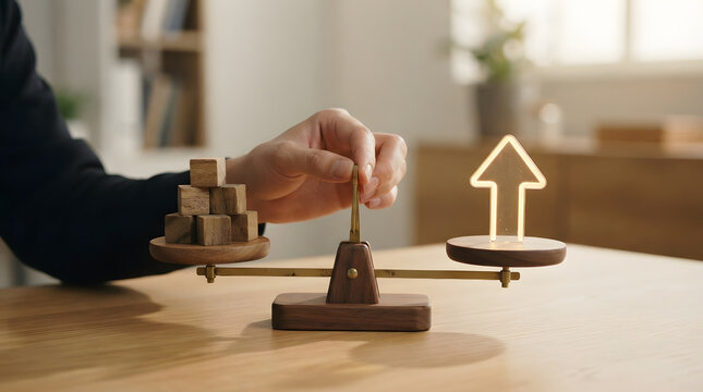 Wooden balance scale with stacked blocks and glowing arrow icon representing growth and financial stability
