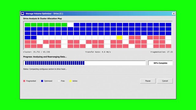 Retro 90s Computer Disk Defragmenter UI Animation on Green Screen